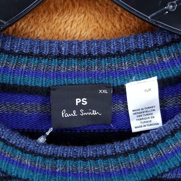 PAUL SMITH Mens Sweater XXL Blue Purple Stripe Pullover Crew Wool Knit Logo $325 - Picture 5 of 8